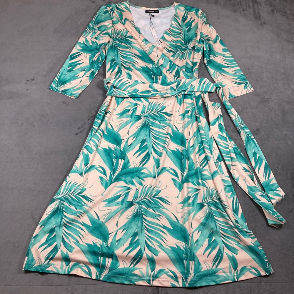 PattyBoutik Tropical Palm Leaf Faux Wrap Midi Dress Teal Peach Medium NWT